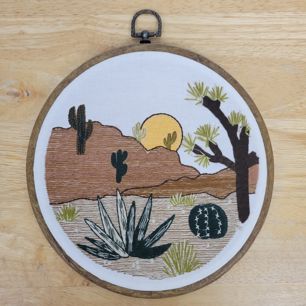 Handmade Joshua Tree Desert Embroidery Boho Cactus Landscape Wall Art 9"‎ Earthy